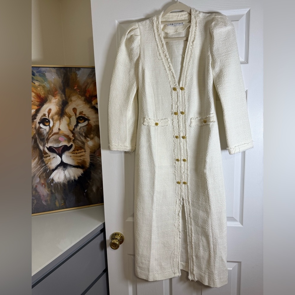 Zara Cream Long Tweed Dress with Gold Buttons